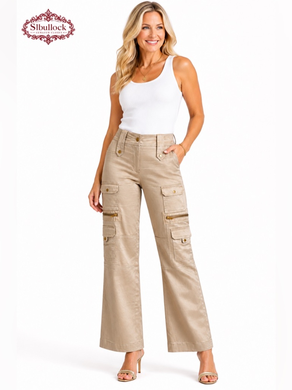 P26 Cache Gold Luxe Cargo Pants Metallic Cotton Blend Rare Statement Zip Pocket